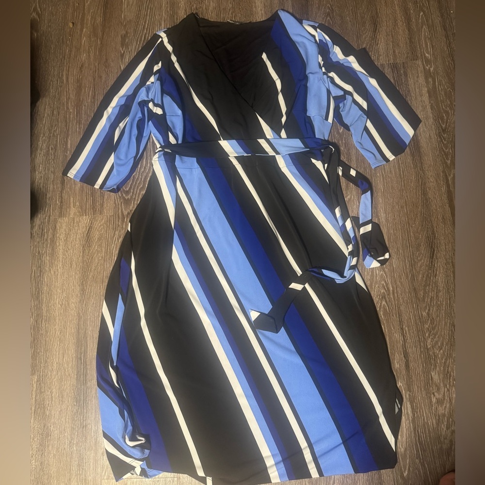 INC International Concepts Blue and Black Striped Long Sleeve Dress